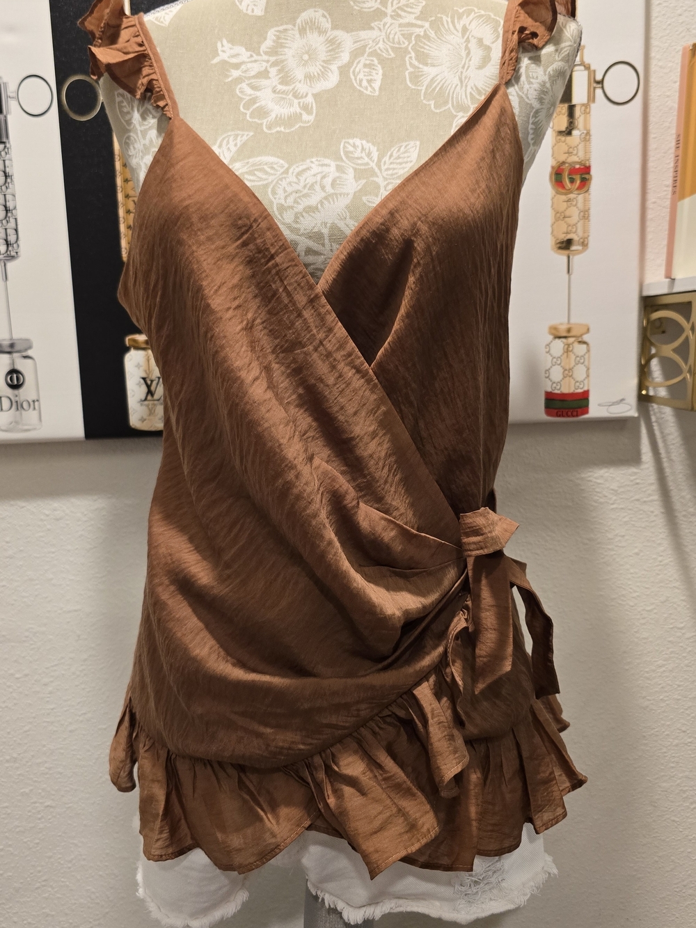 Express Copper-Brown Asymmetrical Wrap Ruffle Top